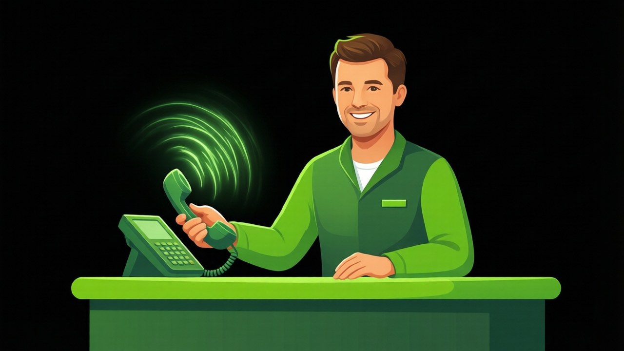 Warm illustration of a shop owner smiling as a glowing green sound wave rises from a phone handset, representing an AI phone agent, in a black, green and white palette.