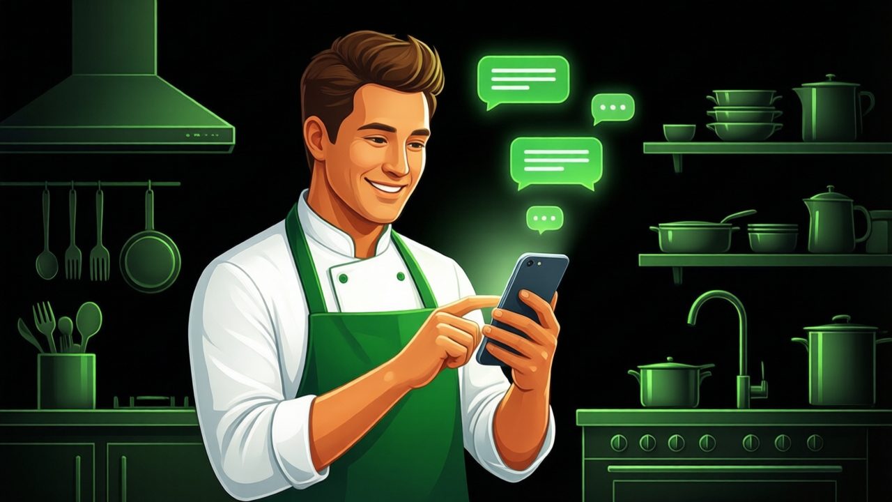 Warm illustration of a cook checking a phone with glowing green chat bubble icons above it, representing a WhatsApp ordering agent, in a black, green and white palette.