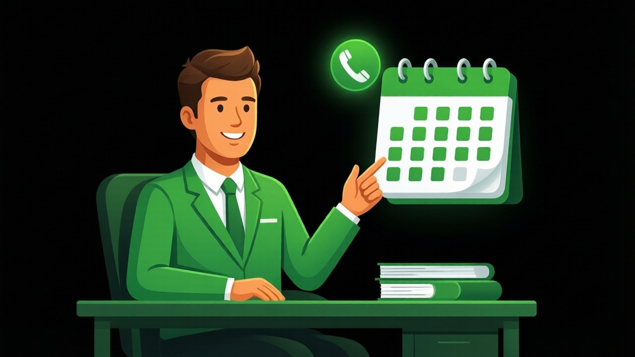 Warm illustration of an office worker pointing at a floating green calendar panel with a call icon beside it, representing an outbound calling campaign, in a black, green and white palette.