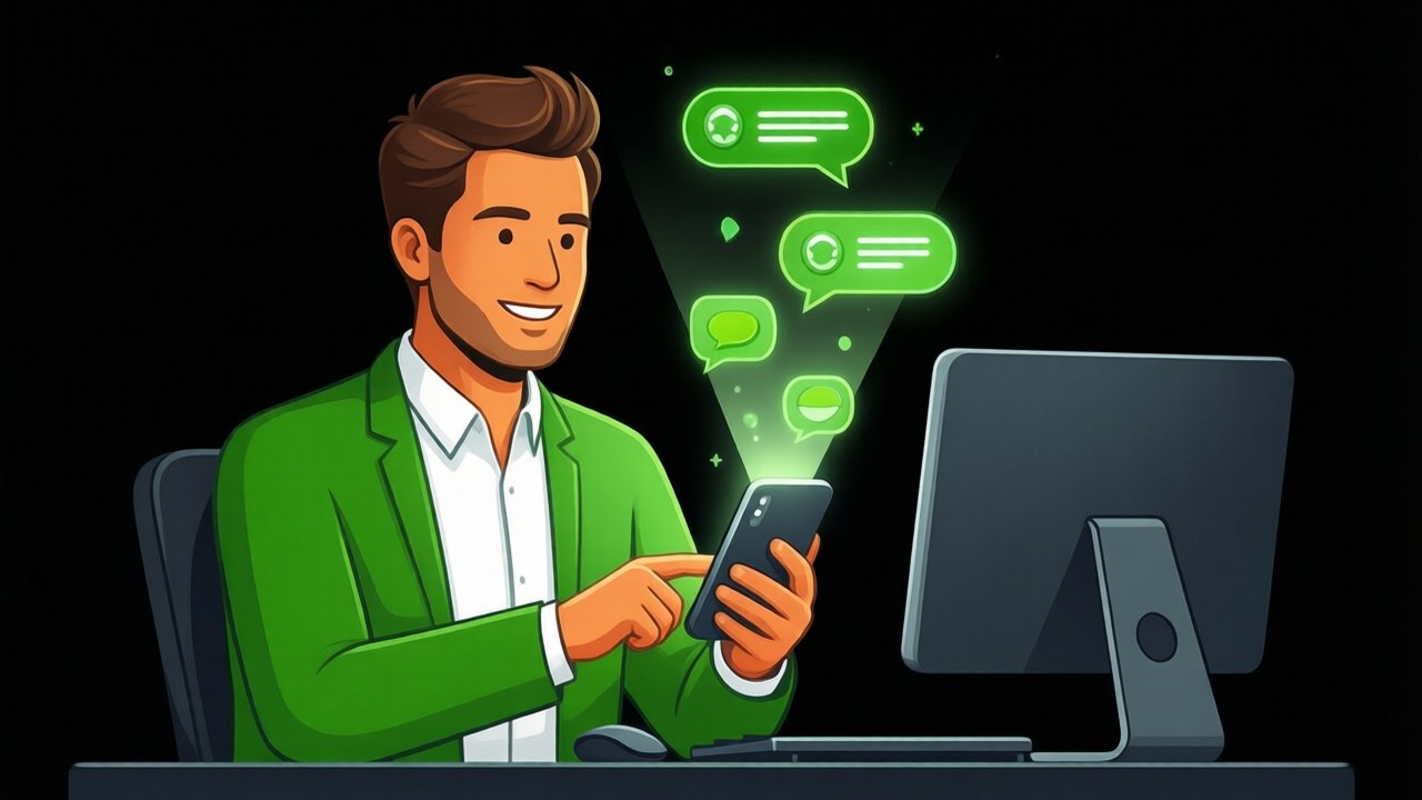 Warm illustration of an entrepreneur holding a phone with glowing green direct-message icons funneling toward it, representing an Instagram DM qualification agent, in a black, green and white palette.