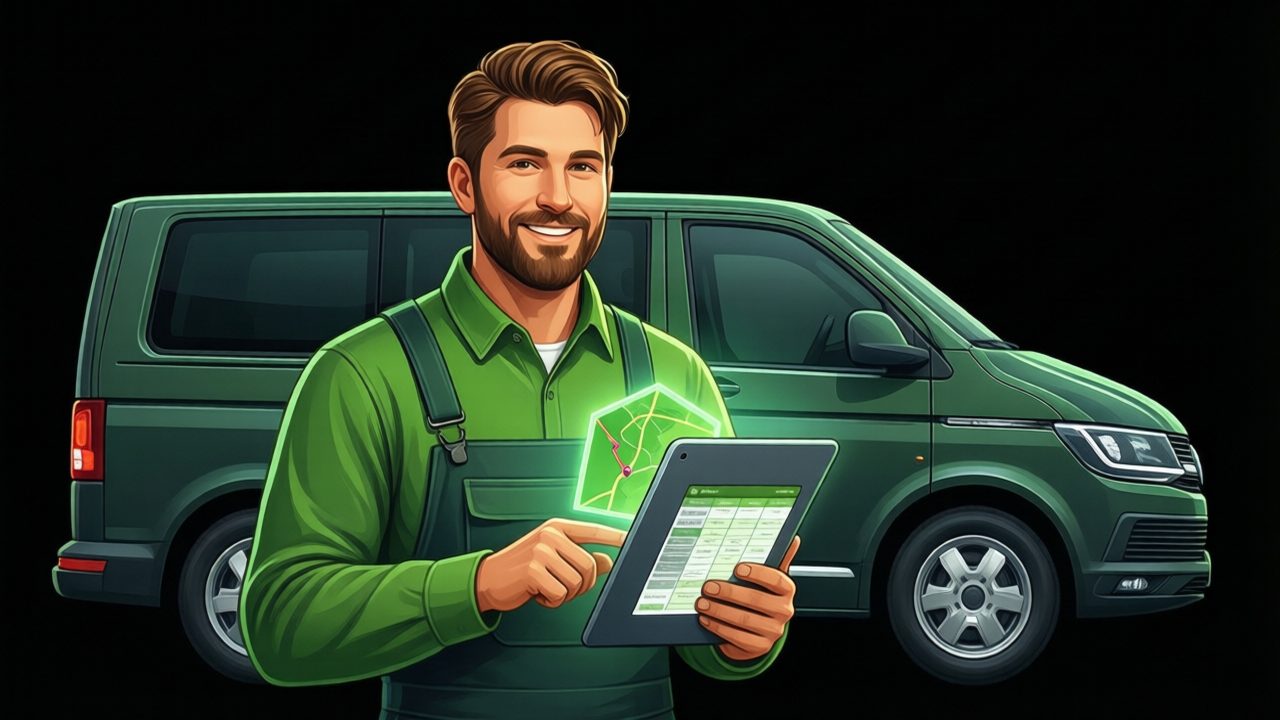 Warm illustration of a technician beside a van holding a tablet with a glowing green map and schedule panel, representing a field service scheduling web app, in a black, green and white palette.