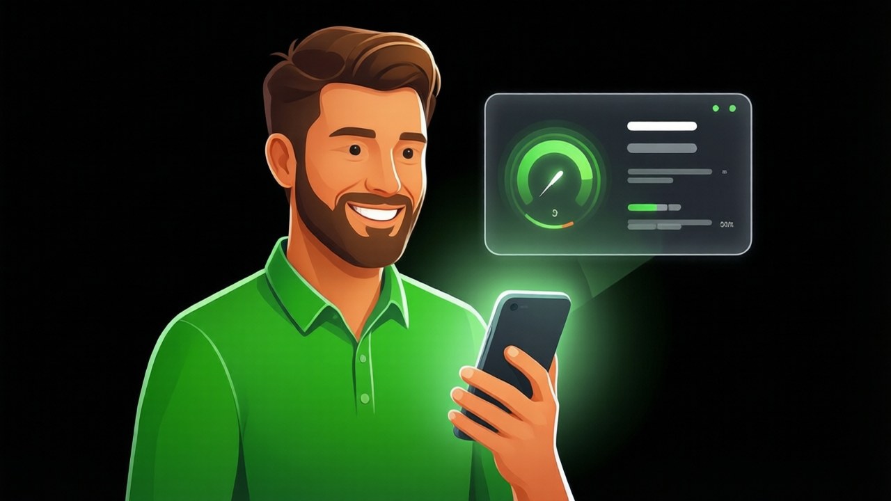 Warm illustration of a customer smiling at a phone showing a glowing green dashboard app screen, representing a mobile app with a customer portal, in a black, green and white palette.
